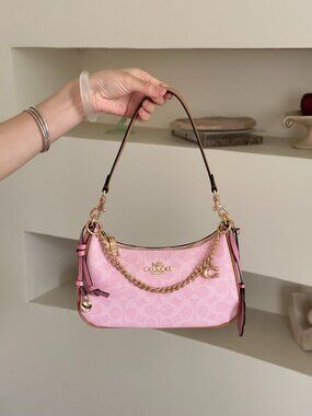 Coach Teri Shoulder Bag Signature Canvas With Charms Gold/Powder Pink CEA20 NWT